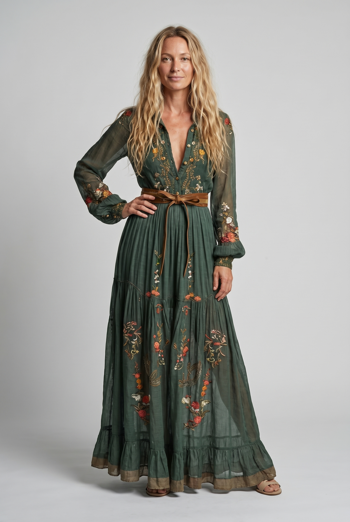 Women's Bohemian Dress | Embroidered V Neck Maxi